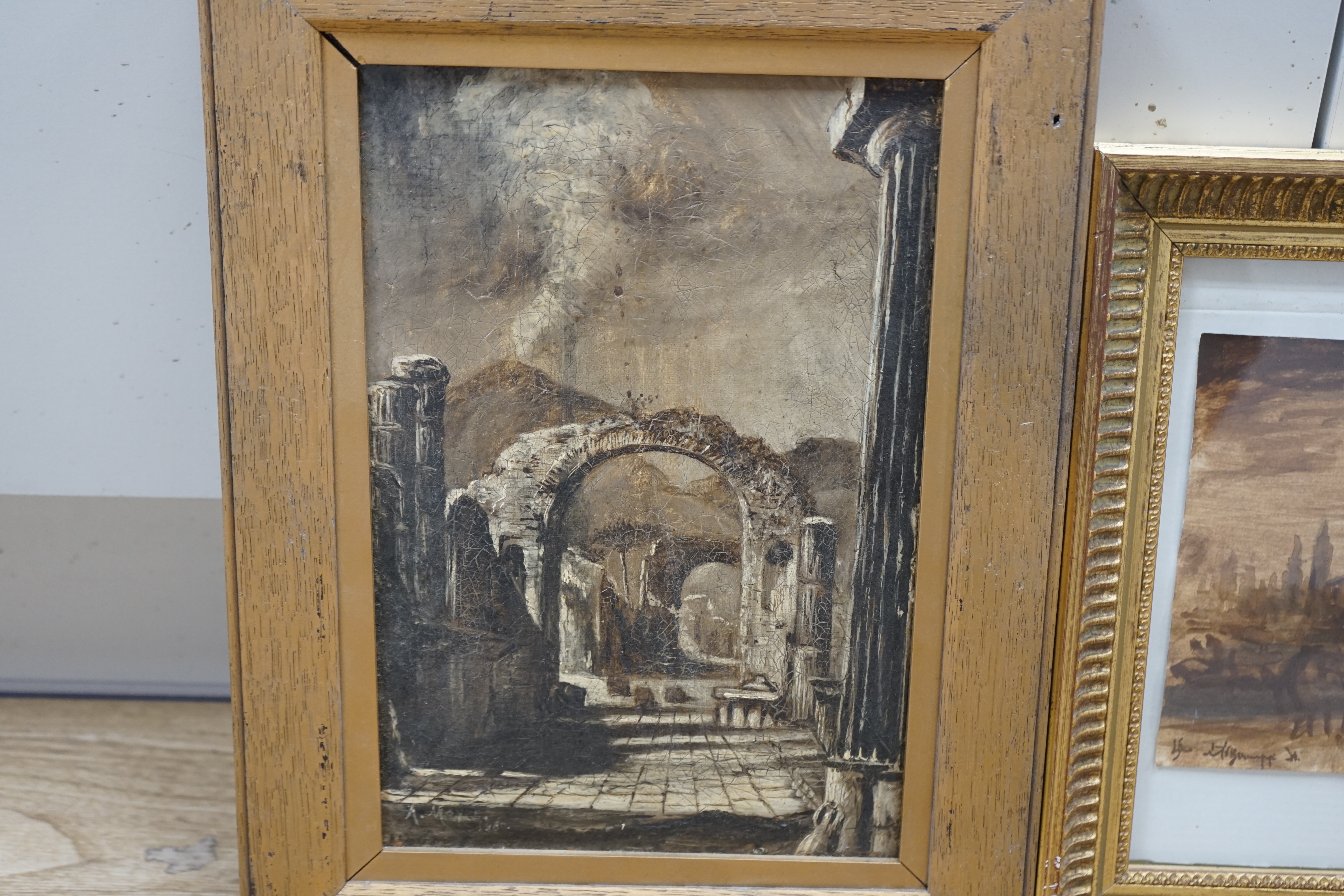 Early 20th century, oil on canvas, 'Ruins before Mount Vesuvius', indistinctly signed and dated A Moyoe?, 1900, together with a sepia watercolour, largest 28 x 19cm. Condition - fair